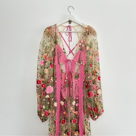 For Love & Lemons Luna Embroidered Bouquet Floral Maxi Dress L Sheer Romantic - Picture 3 of 8